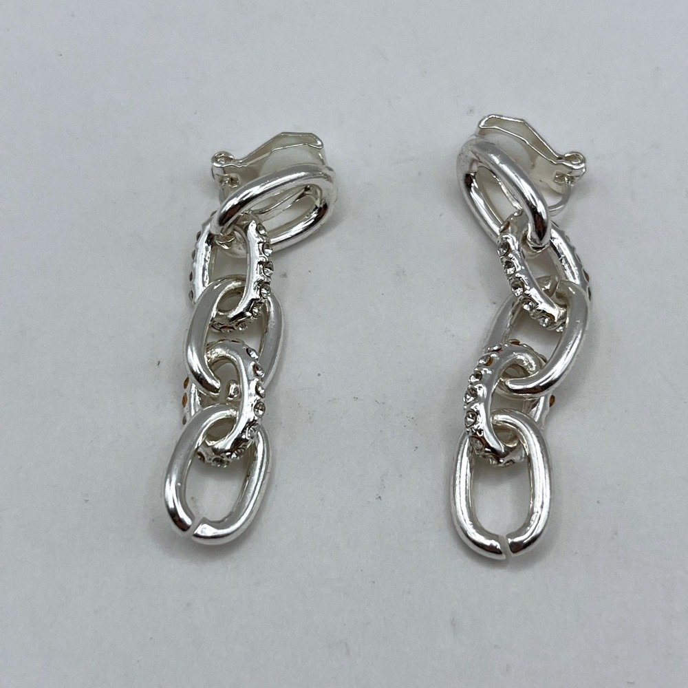Vintage Silver Tone Chunky Chain Link Dangle Earring Pave Crystal Accent Clip-On